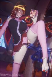 1girls 3d 3d_(artwork) aequd aequdsama ameri_azazel arm_warmers armpits ass breasts clothed clothed_female dildo dildo_in_pussy dildo_insertion dildo_penetration elf_ears feet female female_only full_body large_breasts long_hair long_hair_female looking_at_porn mairimashita!_iruma-kunorange_eyes masturbation orange_hair orange_nails panties_aside shirt skirt solo solo_female stirrup_socks stirrup_stockings thigh_squish toes