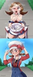 1girls after_sex blush breasts brown_eyes brown_hair clothed_female cum cum_in_hat cum_in_headwear cum_on_breasts cum_on_face cum_on_hair cum_wearing dripping_cum embarrassed exposed_breasts eye_contact female female_only fully_clothed hat kneeling lech_lewds legwear looking_at_viewer lyra_(pokemon) minishorts nintendo one_eye_closed pokemon pokemon_hgss short_hair shorts solo steam thighhighs topless