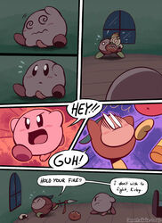 angry artist_name bandana bandana_waddle_dee bedroom blush closed_eyes comic dialogue dizzy food fruit holding holding_weapon indoors kirby kirby_(series) nintendo open_mouth penis shocked speech_bubble talking torrentialkake window