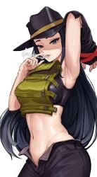 abs armpits assertive_female belly belly_button cigarette cigarette_in_mouth cowboy_hat last_origin long_hair midriff midriff_baring_shirt narcur navel smile smoking smoking_cigarette sweaty_armpits t-75_war_wolf_(last_origin) toned toned_body toned_female white_background