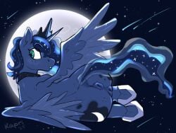absurd_res alicorn anus ass blue_body blue_fur blue_hair cutie_mark equid equine feathered_wings feathers female feral friendship_is_magic full_moon fur genitals hair hasbro hi_res hooves horn kapri light lying mammal moon moonlight my_little_pony mythological_creature mythological_equine mythology night on_side pomy princess_luna_(mlp) pussy rear_view shooting_star sky solo star tail vulva wings