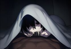 ai_generated aigatari ass blowjob creepy cum cum_in_mouth curvy dark-skinned_male dark_skin deepthroat fellatio female ghost_girl horror huge_ass interracial male monogatari_(series) oral oshino_ougi pale_skin under_blanket very_dark_skin