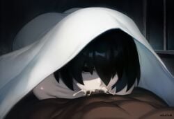 ai_generated aigatari ass blowjob creepy cum cum_in_mouth curvy dark-skinned_male dark_skin deepthroat fellatio female ghost_girl horror huge_ass interracial male monogatari_(series) oral oshino_ougi pale_skin under_blanket very_dark_skin