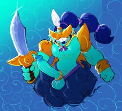 blue_skin braided_hair erect_penis facial_hair genie male_focus male_only muscular_male penis_ring pochiiwa sunglasses surge_(brawl_stars) surgenie_(brawl_stars) sword tagme