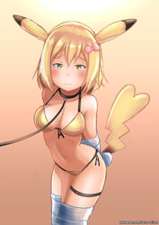 1girls ass aster-effect bikini blonde_hair bondage breasts cleavage clothed collar female female_only green_eyes hair human humanized humanized_pokemon leash nintendo pikachu pokémon_(species) pokemon pokemon_rgby solo tail text url video_games watermark wide_hips