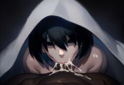 ai_generated aigatari ass blowjob creepy cum cum_in_mouth curvy dark-skinned_male dark_skin deepthroat fellatio female ghost_girl horror huge_ass interracial male monogatari_(series) oral oshino_ougi pale_skin under_blanket very_dark_skin