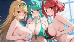 3girls aegis_elysium ai-assisted ai-generated ai_generated alluring big_breasts bikini blush breasts_squeezed_together cleavage core_crystal day dress earrings elbow_gloves female female_focus gem gloves grabbing_another's_breast grabbing_breast green_eyes green_hair groping hair_ornament headpiece holding holding_breast holding_breasts huge_breasts indoors jewelry large_breasts long_hair looking_at_viewer multiple_girls mythra navel nintendo pneuma pneuma_(xenoblade) ponytail pressing_breasts pyra red_eyes room standing stars swept_bangs swimsuit third-party_edit tiara touching_breast touching_breasts trio_focus very_long_hair water watermark window windows xenoblade_(series) xenoblade_chronicles_2 yellow_eyes