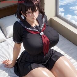 ai_generated akame_ga_kill! bed black_eyes black_hair huge_breasts kurome_(akame_ga_kill!) necktie red_tie tie uniform