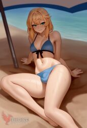 1boy 2d ai_generated ass bangs barefeet big_ass bikini blonde_hair bulge erection erection_under_clothes erophoenix feet full_body green_eyes looking_at_viewer looking_back male male_focus navel nude otoko_no_ko pale_skinned_male patreon_username penis sitting smile soles solo solo_male sweat swimsuit thick thick_thighs toes uncensored