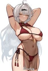 absurdres ahoge alternate_costume arm_strap armpits arms_behind_head arms_up artist_name bikini blush bonz_(bonz0616) breasts closed_mouth collar covered_navel cowboy_shot female grey_hair groin highleg highleg_bikini highres large_breasts long_hair looking_at_viewer mole mole_on_breast red_bikini red_collar side-tie_bikini_bottom simple_background skindentation solo steaming_body swimsuit very_long_hair white_background yellow_eyes yi_xuan_(zenless_zone_zero) zenless_zone_zero