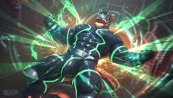 2025 abs ankle_cuffs anthro artist_logo biceps black_bodysuit black_clothing black_skinsuit bodysuit bulge cable canid canine canis claws clothing cuff_(restraint) detailed_bulge finger_claws fur glowing glowing_eyes glowing_mouth green_inner_mouth grey_body grey_fur handcuffed handcuffs hi_res lifewonders live_a_hero logo machine_bondage male mammal metal_cuffs metal_jaw metal_mask monomasa muscular muscular_anthro muscular_male nipple_outline pawpads pecs red_sclera restraints skinsuit solo tail takahirosi tight_clothing twitter_handle vein veiny_muscles wolf