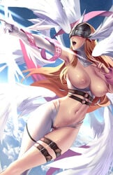 1girls 8_wings angel angel_wings angewomon blonde_hair blush breasts cianyo clit_slip digimon digimon_(species) digimon_adventure female female_only highres lactating lactation large_breasts mask nipples pussy solo tears thigh_gap wings