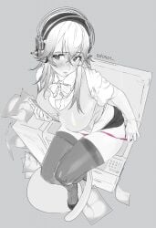 1girls blush exhibitionism female large_breasts nitroplus office_lady photocopier photocopying_butt squished_breasts stockings super_sonico taking_off_panties thighhighs
