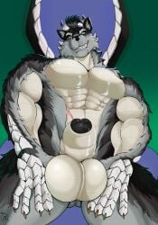 absurd_res animal_genitalia anthro balls big_balls black_penis blazar flaccid genitals hi_res hybrid kharnewolf male penis pinup pose scales scar sheath solo