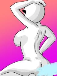 ass bald bald_female black_eyes breasts censored censored_ass chetoh claire_(chetoh) completely_nude egg female female_focus female_only hand_on_head naked naked_female nude nude_female oc original original_character rear_view tagme white_body