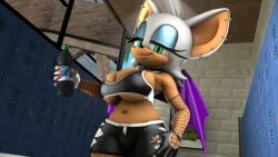 3d anthro bat big_breasts ear_piercing fishnets green_eyes gym_clothes gym_shorts holding_object looking_at_viewer nipple_slip rouge_the_bat smiling_at_viewer sonic_(series) sonic_the_hedgehog_(series) source_filmmaker squished_breasts terrarizemyself tight_clothing water_bottle wings