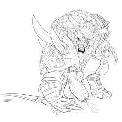 1:1 absurd_res anthro ball_tuft balls beard bodily_fluids braided_hair claws clothed clothing crazydrak cum cum_on_ground erection facial_hair fangs felid finger_claws foreskin front_view genital_fluids genitals hair hi_res holding_melee_weapon holding_object holding_sword holding_weapon humanoid_genitalia humanoid_penis lion male mammal melee_weapon monochrome muscular muscular_anthro muscular_male open_mouth pantherine penis simple_background solo sword teeth tuft uncircumcised vein veiny_penis weapon whiskers