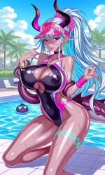 ai_generated ass breasts dark-skinned_female dark_skin dragon_girl fat_ass fate/grand_order female horns ibuki_douji_(fate) ibuki_douji_(swimsuit_berserker)_(fate) large_breasts one-piece_swimsuit ponytail pool poolside raita_(style) red_eyes scrunchie tail taller_girl valkris9