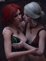 2girls 3d bra breast_grab breasts cd_projekt_red ciri female freckles green_eyes light-skinned_female mascara missally necklace red_hair scar the_witcher_(series) the_witcher_3:_wild_hunt triss_merigold white_hair yuri