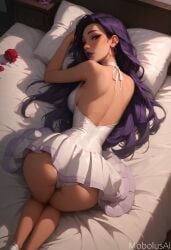 above_view ai_generated ass bare_back breasts cleavage female from_above league_of_legends legs mobolusai panties purple_hair syndra teasing viewed_from_above white_dress white_panties