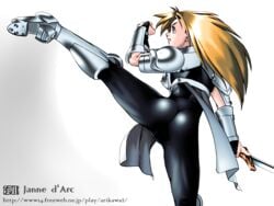 adk armor blonde_hair blue_eyes female janne_d'arc leather leather_pants leather_suit long_hair neo_geo pants shiny shiny_clothes skin_tight sword weapon world_heroes