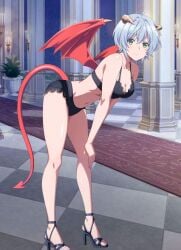 1girls ahoge bare_legs bare_shoulders bending_over black_bra black_lingerie black_panties cleavage collarbone demon_wings devil_horns devil_tail female green_eyes kikuchi_fuuka looking_at_viewer medium_breasts short_hair silver_hair standing