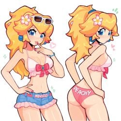 2d 2d_(artwork) 2d_artwork ass_cheeks ass_focus bare_arms bare_back bare_legs bare_midriff bare_shoulders bare_thighs belly_button bikini bikini_bottom bikini_top blonde_hair blue_booty_shorts blue_brooch blue_ear_tuft blue_earring blue_earrings blue_eyes blush blush_lines blushing_at_viewer booty_shorts bow bowtie brooch cleavage ear_piercing ear_ring earring earrings eyelashes fizzeru flower flower_in_hair heart heart_sparkles hourglass_figure hourglass_figured_female inner_sideboob long_hair looking_at_viewer mario_(series) mario_kart mario_kart_world messy_hair messy_ponytail midriff mushroom_kingdom nail_polish navel nintendo outer_sideboob pearl pearl_ear_ring pearl_earring pearl_earrings pink_bikini_bottom pink_bow pink_bow_tie pink_bowtie pink_nail_polish pink_nails ponytail princess princess_peach small_boobs small_breasts smirk smirking smirking_at_viewer sparkles sparkling sparkling_stars speech_marker stars sunglasses sunglasses_on_head super_mario super_mario_bros. text_on_bottomwear text_on_clothing thick_thighs video_game video_game_character video_game_franchise video_games white_background white_bikini white_bikini_top