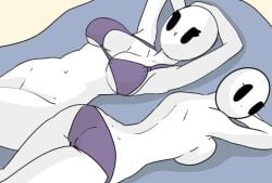 2girls bald bald_female belly belly_button black_eyes bottomless bottomless_female bra breasts breasts_press chetoh claire_(chetoh) closed_legs egg female female_focus female_only looking_at_viewer looking_back multiple_girls oc original original_character purple_bra purple_panties smile smiling smiling_at_viewer topless topless_female towel white_body