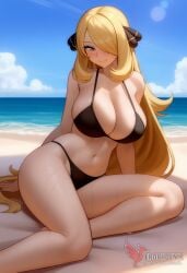 1girls 2d ai_generated ass barefeet beach big_ass big_breasts bikini blonde_hair breasts cynthia_(pokemon) erophoenix feet female female_focus full_body long_hair looking_at_viewer looking_back milf nintendo nude older_woman pale_skinned_female patreon_username pokemon pokemon_dppt smile soles solo solo_female sweat swimsuit thick thick_thighs toes uncensored voluptuous
