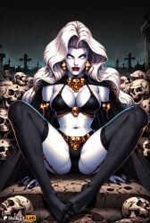 1girls ai_generated artist_name black_bra black_cape black_lips black_nails black_panties black_thighhighs bra breasts cape cleavage colored_skin dynamite_comics earrings feet female fingernails full_body garter_straps hi_res jewelry lady_death large_breasts lipstick long_hair looking_at_viewer makeup nail_polish navel pale_skin panties red_lips rule34lab sharp_fingernails sitting skull solo spread_legs thighhighs toes underwear white_eyes white_hair