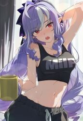 1girls ai_generated armpits blush breasts female female_only hare_zzv light-skinned_female light_skin mihoyo navel open_mouth purple_hair red_eyes sweat sweatdrop sweating tank_top tummy vivian_(zenless_zone_zero) zenless_zone_zero