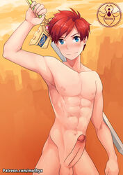 1boy abs binding_blade_(object) blue_eyes erection fire_emblem fire_emblem:_the_binding_blade male_only male_pov mothyx muscles nipples on_bed penis pov red_hair roy_(fire_emblem) solo spread_legs sword testicles veins veiny_penis watermark