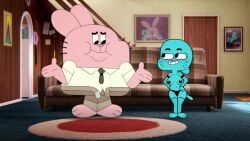 1boy 1girl accurate_art_style animal anthro bald black_eyes black_necktie breasts bunny chair clothing collared_shirt couch door facial_mark female fishnets furry glasses grin hands_on_hips hands_on_own_hips indoors lagomorph leporid looking_at_another looking_to_the_side male mammal medium_breasts mother necktie nicole_watterson nipples no_pants nude painting_(object) panties richard_watterson shirt short_sleeves smile standing steca table teeth the_amazing_world_of_gumball thelazyart thighhighs topless underwear white_shirt