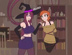 angry animal_ears animated bell_collar cat_ears cat_tail chelsea_(lewd-zko) cleavage collar fangs female female_only femdom femsub finger_snap freckles freckles_on_shoulders green_eyes hair_covering_eye hat high_heels hypnosis lewd-zko long_hair magic midriff mind_control multiple_girls orange_hair pencil_skirt pink_eyes pointy_teth red_hair resisting restrained short_hair signature skirt tagme tail transformation video witch witch_hat yuri zko