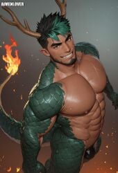 1boy ai_generated aimenlover antlers bara beard black_hair dragon_boy dragon_horns dragon_scales dragon_tail fangs fire green_hair male muscular muscular_male pointed_ears scales scar short_hair smile spiky_hair two_tone_hair
