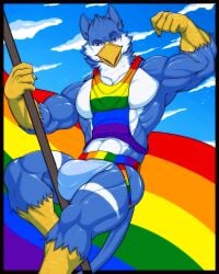 2025 abs absurd_res anthro artist_name avian avian_feet balls_outline beak biped bird black_claws blue_body blue_eyebrows blue_hair bottomwear bulge claws clothed clothing cloud deltoids detailed_bulge digital_drawing_(artwork) digital_media_(artwork) eyebrows flagpole front_view gay gay_pride genital_outline gryphon hair hi_res holding_object holding_pole jericko_(germanshepherd69) jockstrap khayen lgbt_pride lgbt_pride_month light looking_at_viewer male male_only markings multicolored_clothing multicolored_shirt multicolored_tank_top multicolored_topwear multicolored_underwear muscular muscular_anthro muscular_male mythological_avian mythological_creature mythology neck_tuft outside pecs penis_outline pole presenting pride_color_flag pride_colors purple_eyes rainbow_clothing rainbow_flag rainbow_jockstrap rainbow_pride_colors rainbow_pride_flag rainbow_shirt rainbow_symbol rainbow_tank_top rainbow_topwear rainbow_underwear shirt simple_background skimpy sky skyscape solo sunlight tail tank_top text topwear tuft underwear white_body white_clothing white_jockstrap white_markings white_underwear yellow_beak yellow_hands