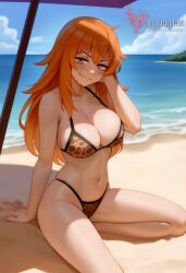1girls 2d ai_generated ass barefeet big_ass big_breasts bikini breasts cleavage day erophoenix feet female female_focus full_body gamo-chan grin leopard_print long_hair looking_at_viewer ocean orange_eyes orange_hair outdoors patreon_username please_don't_bully_me,_nagatoro solo solo_female sweat swimsuit thick thick_thighs toes uncensored
