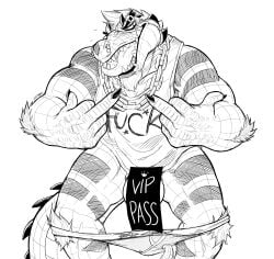 absurd_res anthro balls barbell_piercing censored chain_necklace cheek_spikes circular_barbell_piercing clothed clothing crazydrak crocodile crocodilian eyebrow_piercing facial_piercing facial_spikes front_view genitals hi_res ineffective_censorship jewelry lip_piercing lip_ring male monochrome muscular muscular_anthro muscular_male necklace nose_piercing open_mouth partially_clothed piercing portrait reptile ring_piercing scalie septum_circular_barbell septum_piercing simple_background solo spikes spikes_(anatomy) standing three-quarter_portrait tongue tongue_out topwear underwear underwear_down