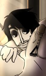 between_legs black_hair cock cock_piercing day daytime dick_tattoo gay gay_sex half-closed_eyes incredibox incredibox_oc looking_at_penis male/male oc_x_oc original original_art original_artwork original_characters smirk tattoo uncensored white_cock