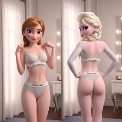 ai_generated anna_(frozen) ass bra calvin_klein disney disney_princess elsa_(frozen) female female_focus female_only frozen_(film) frozen_2 panties petite petite_female sisters skinny skinny_girl small_breasts small_butt small_waist thong underwear yuri