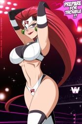 1girl adapted_costume big_hair blue_eyes elbow_gloves female female_only great_dude hair_slicked_back jessie_(pokemon) large_breasts pokemon pokemon_(anime) red_hair red_lips smile solo solo_female standing team_rocket_uniform very_long_hair wrestling wrestling_mask wrestling_outfit wrestling_ring
