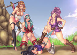 4girls areolae arms_behind_back ass atomic_wedgie ayra_(fire_emblem) bondage breasts breasts_out bullying celica_(fire_emblem) clothes_stuck_on_object curvy eirika_(fire_emblem) embarrassed erect_nipples female female_only female_protagonist female_with_female femdom femsub fire_emblem fire_emblem:_genealogy_of_the_holy_war fire_emblem:_the_sacred_stones fire_emblem_echoes:_shadows_of_valentia fire_emblem_gaiden huge_breasts humiliation large_breasts lost_clothes marisa_(fire_emblem) multiple_girls multiple_subs nipples omegalife outside panties ripped_clothing sword tied_up wedgie yuri