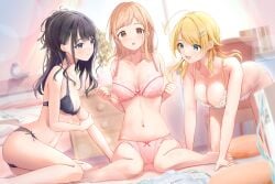 ahoge all_fours arm_support ass bare_arms bare_belly bare_legs bare_shoulders bare_thighs barefoot belly_button bent_over big_breasts black_bra black_eyes black_hair black_panties blonde_hair blush bow_panties bra brown_eyes brown_hair cleavage closed_mouth collarbone feet floral_print fujinomiya_rio groin hachimiya_meguru idolmaster idolmaster_shiny_colors indoors kazano_hiori lace-trimmed_bra lace-trimmed_panties long_hair medium_hair panties parted_lips pink_bra pink_panties sakuragi_mano small_breasts smile thighs toes underwear underwear_only white_bra white_panties