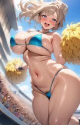 1girls ai_generated ass bikini blush breasts cameltoe cheerleader exhibitionism female gezigezi2 hairy_pussy huge_ass huge_breasts looking_at_viewer navel open_mouth plump pubic_hair pubic_hair_peek smile stadium stadium_background sweat sweating thick_thighs thighs