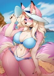 2025 accessory anthro big_breasts biped black_fingernails black_nails black_nose blonde_hair blue_eyes blue_sky breasts canid canine clothed clothing cloud colored_nails countershade_face countershade_fur countershade_torso countershading day detailed_background digital_media_(artwork) dipstick_tail ear_tuft eyebrows eyelashes eyeshadow female fingernails flower flower_in_hair fox fur hair hair_accessory hand_on_leg hand_on_own_leg hand_on_own_thigh hand_on_thigh hi_res inner_ear_fluff laura_(ragingphxp) lips long_hair looking_at_viewer makeup mammal markings multi_tail nails navel onomari outside pink_body pink_fur pink_inner_ear pink_lips plant portrait purple_eyeshadow shaded sky snout solo standing summer_hat tail tail_markings three-quarter_portrait tuft water white_body white_countershading white_fur white_inner_ear_fluff white_tail_tip