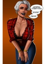 black_bra brown_eyes gilf jewelry leaning_forward looking_at_viewer marvel may_parker medium_breasts open_mouth razanul red_lips red_shirt spider-man_(series) ultimate_spider-man white_hair