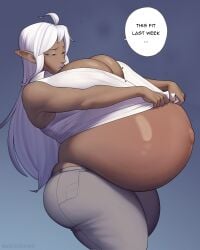 1girls belly belly_bigger_than_head belly_bulge belly_overhang breast_squeeze breast_squish breasts breasts_bigger_than_head button button_down_shirt button_gap buttoned_shirt buttons clothed clothed_female clothes clothes_lift clothing dark-skinned_female dark_elf dark_skin elf elf_ears elf_female elf_girl female female_focus gigantic_breasts ill_fitting_clothing marrazan narodii outgrowing_clothes pregnancy pregnant pregnant_belly pregnant_female purple_eyes purple_lipstick text text_bubble thick thick_ass thick_legs thick_thighs tight_clothing white_hair