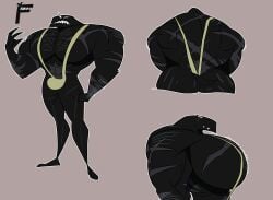 alphabet_(mike_salcedo) alphabet_lore bara biceps big_biceps black_body black_skin buff f_(mike_salcedo) green_mankini jeans lime_mankini little_tail mankini mankini_ass_view pants pecs scar scars sexy tail yellow_mankini
