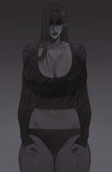 1girls angry blood_on_hand blyssade cleavage clenched_teeth cropped_shirt female greyscale hair_over_one_eye half-closed_eyes looking_at_viewer midriff monochrome original original_character panties tearing_up tears very_long_hair