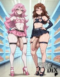 2boys 2girls ai_generated artist_name bare_shoulders belt black_choker black_footwear black_skirt black_sleeves black_thighhighs blue_eyes blush bracelet breast_cutout breastless_clothes breasts brown_hair choker closed_mouth collar collarbone crop_top crotchless cum cumdrip cupless_bra detached_sleeves elbow_gloves eyeshadow fishnet_thighhighs fishnets flaccid flat_chest food foreskin full_body futanari goth_fashion hair_between_eyes hand_on_own_hip heart_choker high_heels huge_cock huge_testicles indoors jewelry large_areolae large_penis large_testicles legs long_hair looking_at_viewer makeup male_focus microskirt midriff miniskirt multiple_boys multiple_girls navel necklace nipples original_character otoko_no_ko penis penis_size_difference pink_choker pink_collar pink_footwear pink_hair pink_shirt pink_skirt pink_sleeves platform_heels pleated_skirt precum precum_drip pubic_hair puffy_nipples sandals shirt shop skindentation skirt small_breasts smile standing testicles thick_thighs thighhighs thighs tile_floor tiles toenails toes uncensored underwear veins veiny_penis ygo-dix yu-gi-oh!